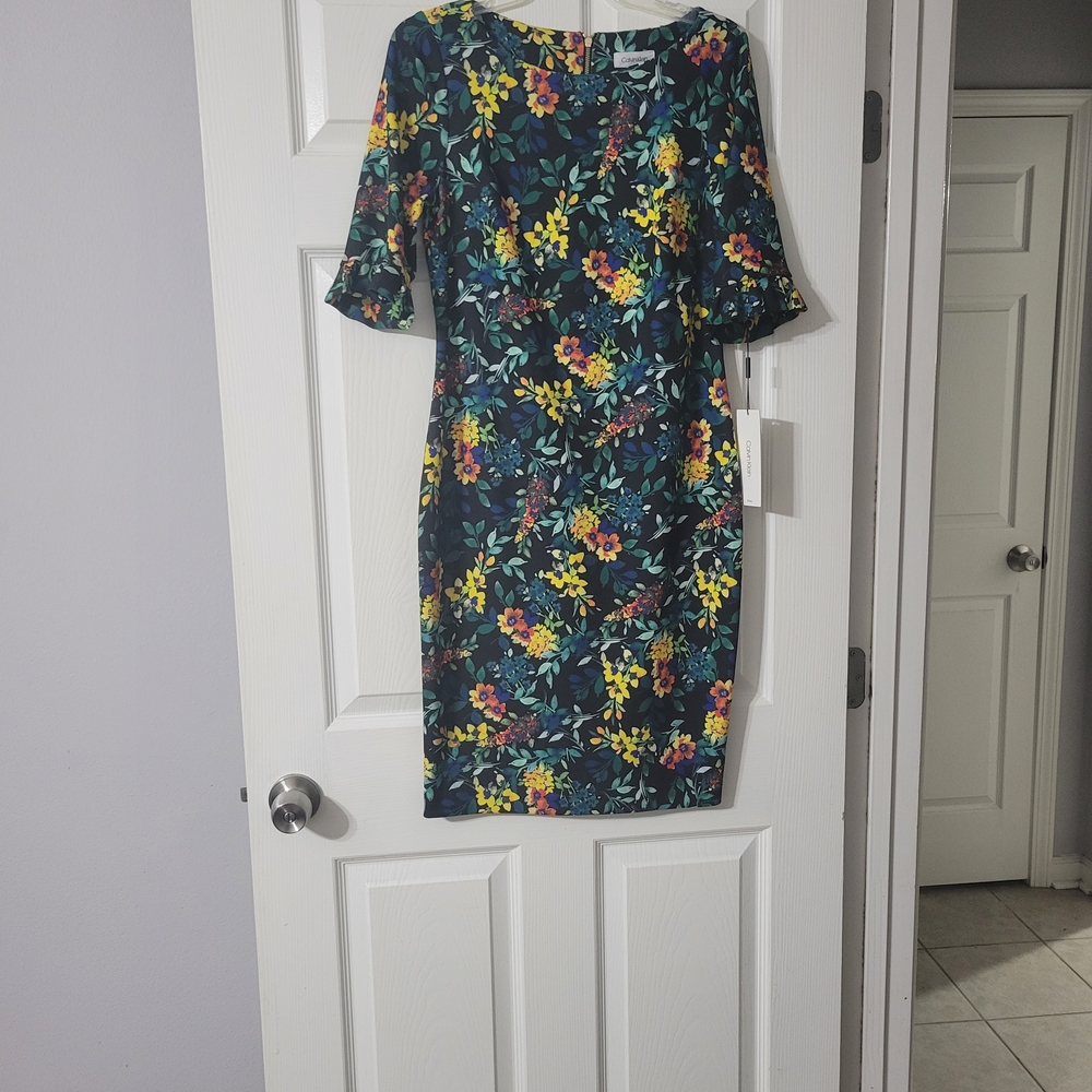 NWT Calvin Klein Navy Floral Long Sleeve Dress
